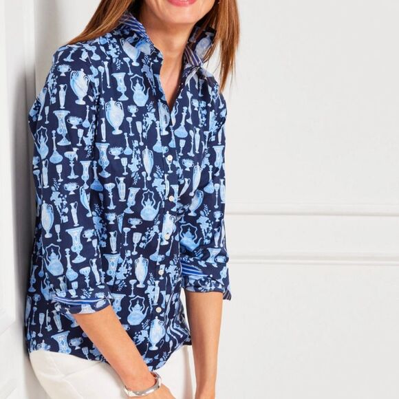 Talbots Blue Antique Vases Perfect Button Down Blouse Shirt Womens 8 - Picture 1 of 5